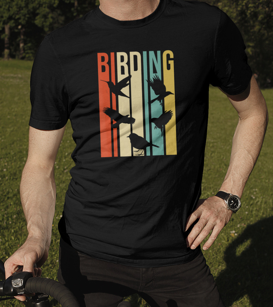 Vintage Style Birding For Birders With Bird Silhouettes On Colorful Stripes T-Shirt