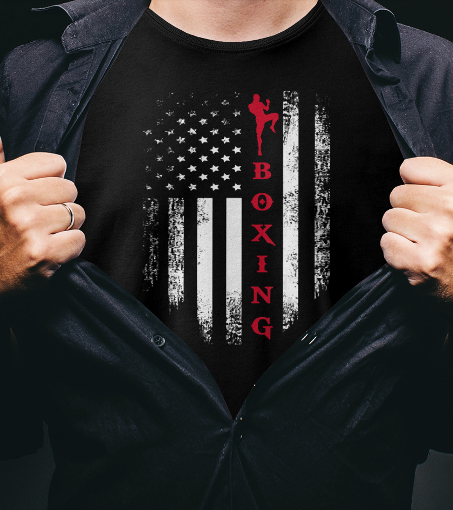 Vintage USA Flag Black And White With Red Boxing Kick Martial Arts T-Shirt