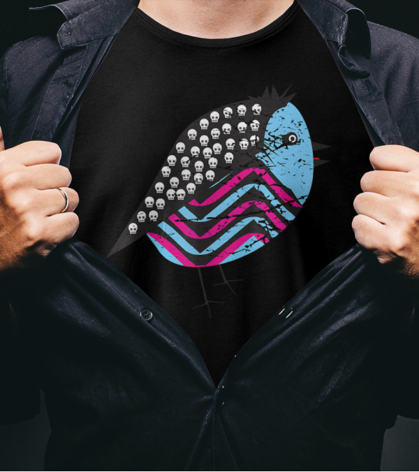 Weird Monster Tiny Bird With Skulls And Colorful Stripes T-Shirt
