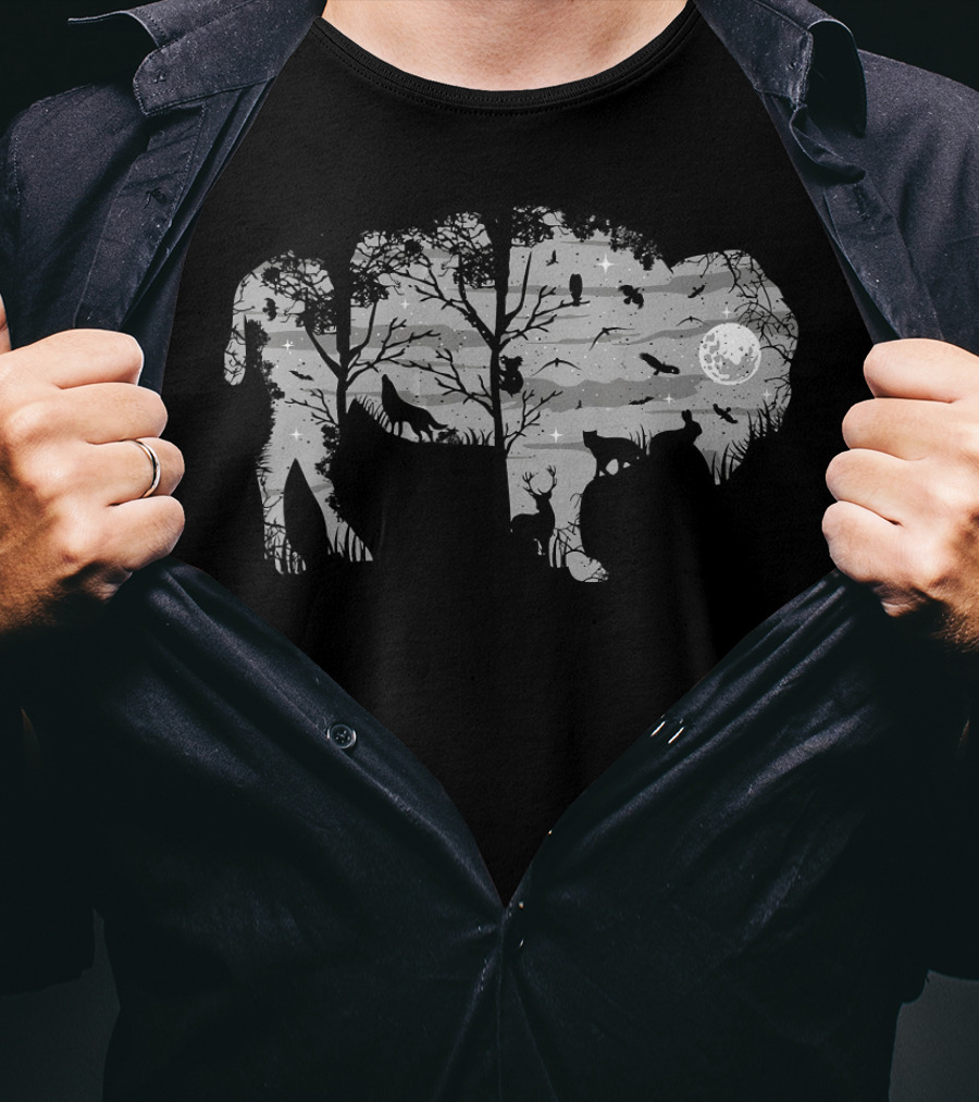 Wild Bison American Buffalo Wilderness Moonlit Forest Scene T-Shirt