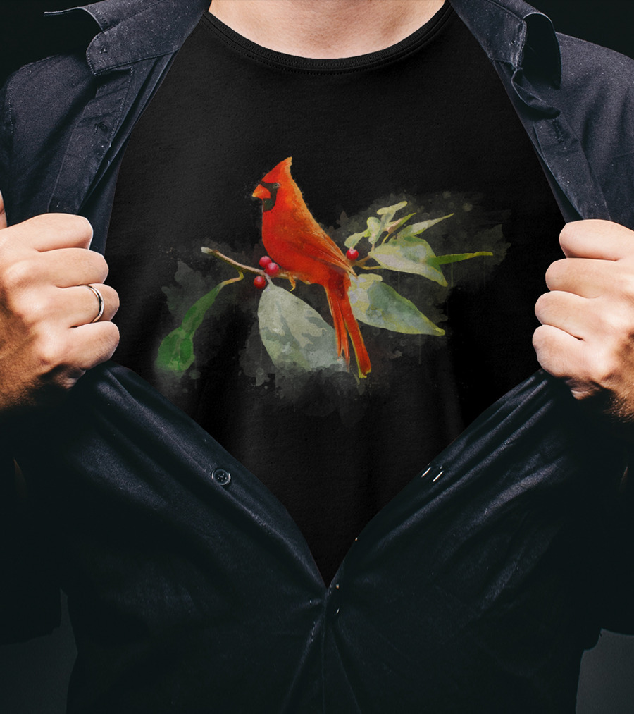 Wild Red Cardinal Bird On Berry Branch T-Shirt