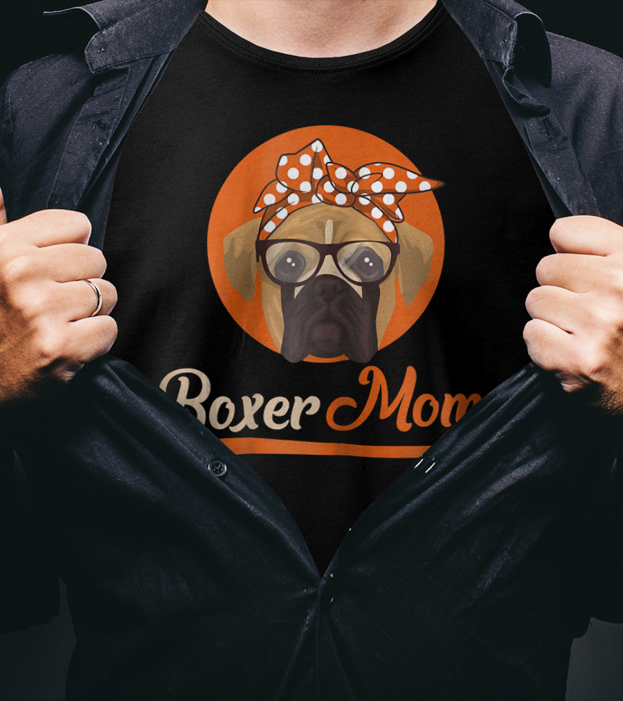 Boxer Mom With Glasses And Polka Dot Bow T-Shirt