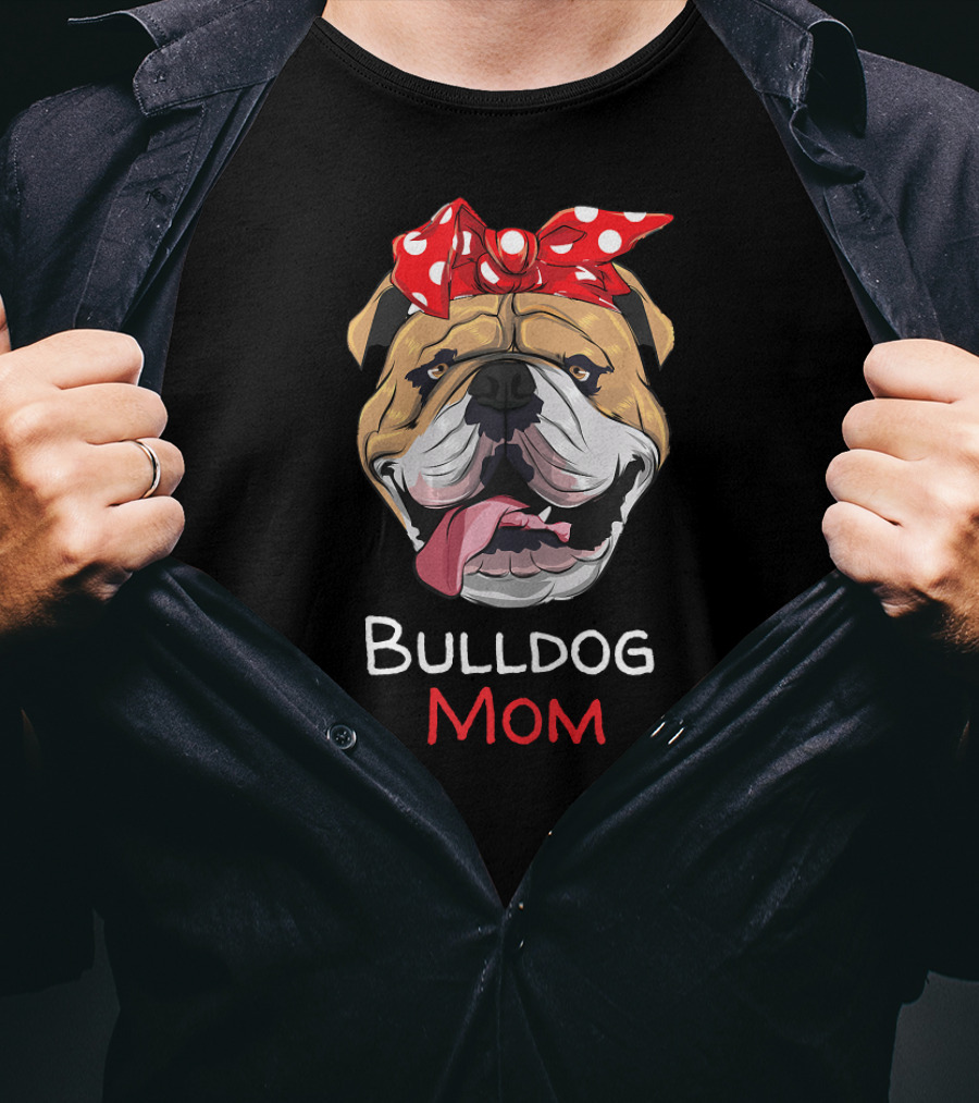 Bulldog Mom Funny English Bulldog With Red Polka Dot Bow T-Shirt