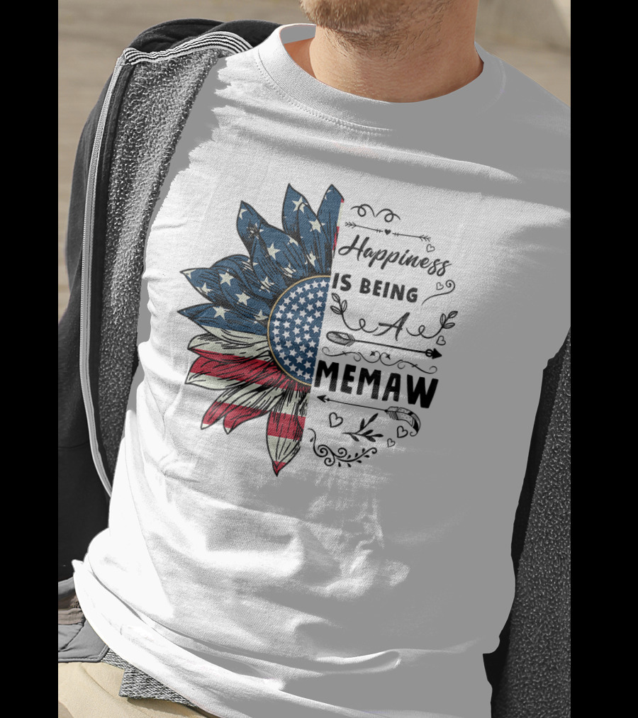 Happiness Is Being A Memaw Sunflower American Flag T-Shirt