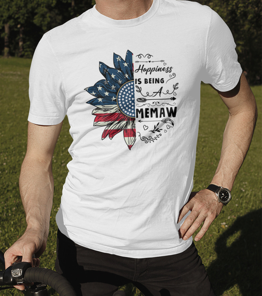 Happiness Is Being A Memaw Sunflower American Flag T-Shirt