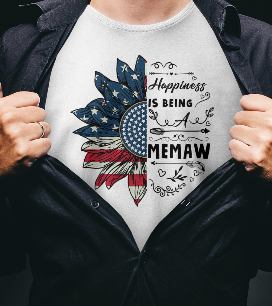 Happiness Is Being A Memaw Sunflower American Flag T-Shirt