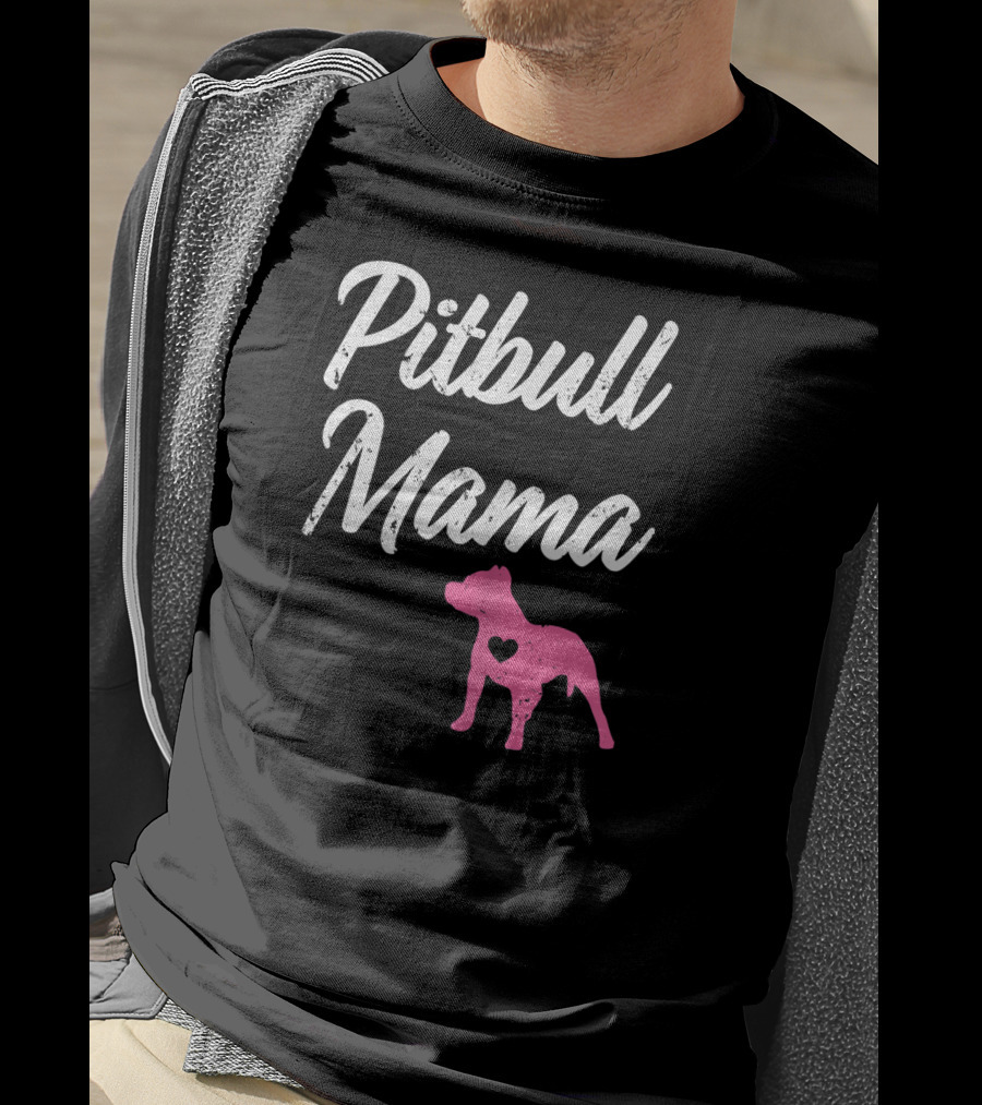 Pitbull Mama Funny Womens Pit With Pink Heart Dog T-Shirt