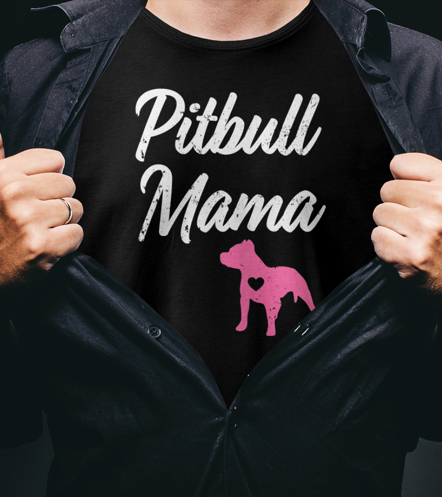 Pitbull Mama Funny Womens Pit With Pink Heart Dog T-Shirt
