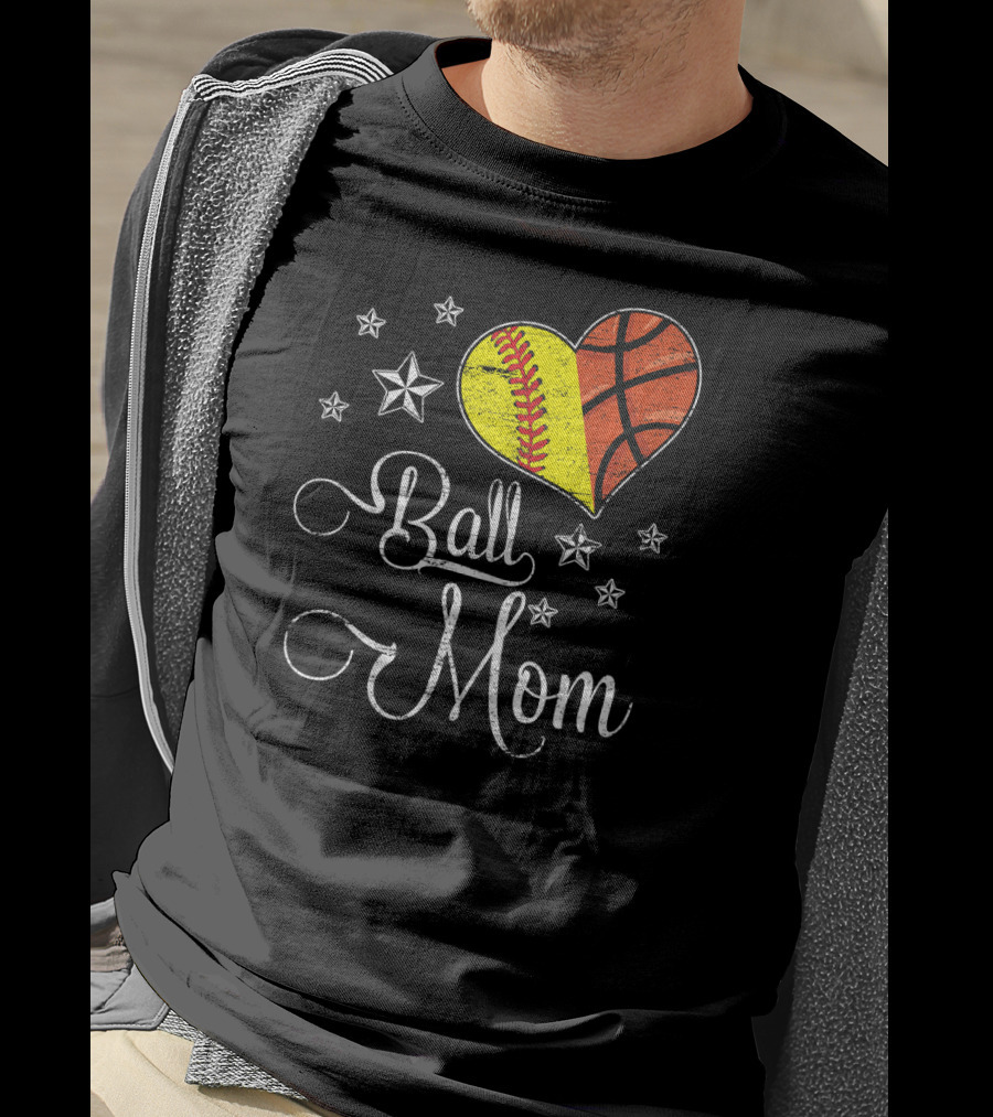 Proud Softball Basketball Ball Mom Star Heart T-Shirt