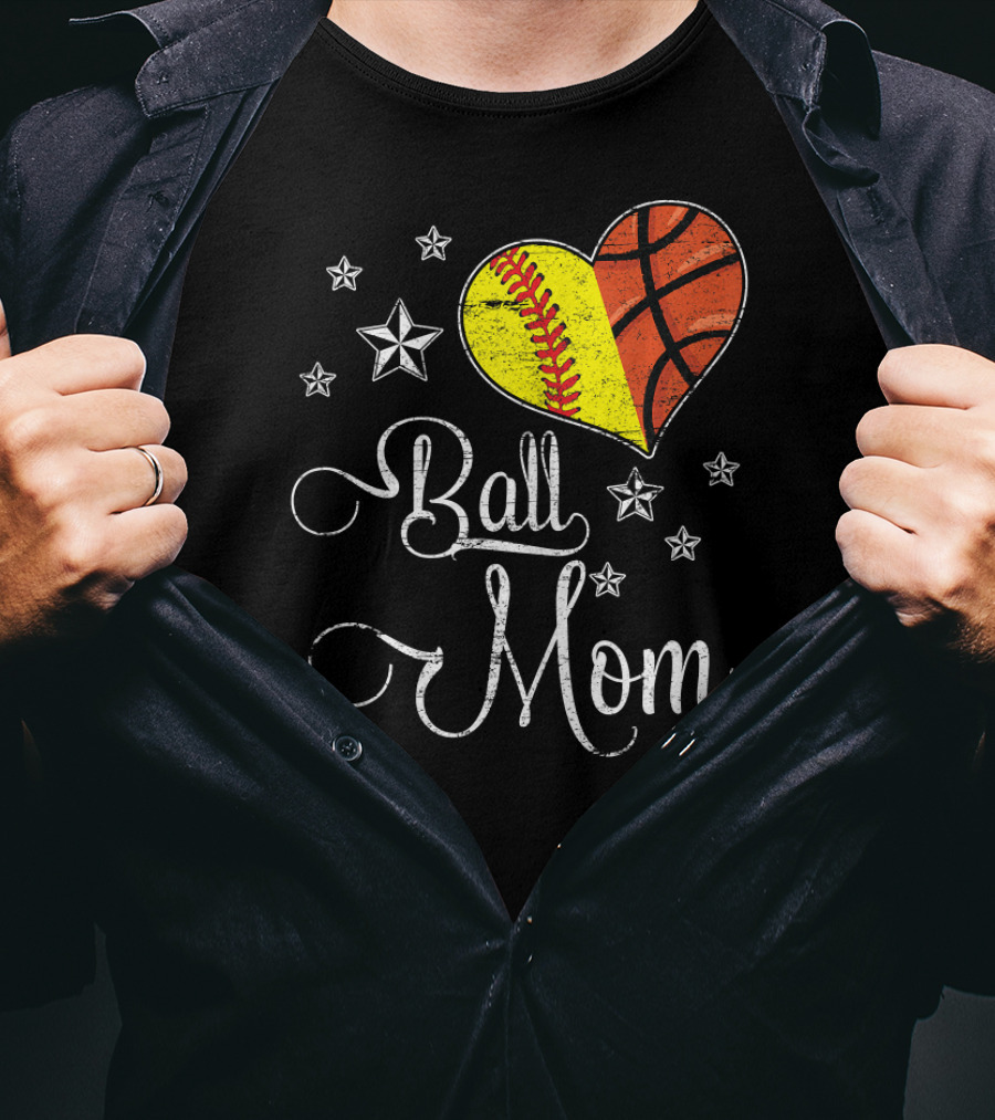 Proud Softball Basketball Ball Mom Star Heart T-Shirt