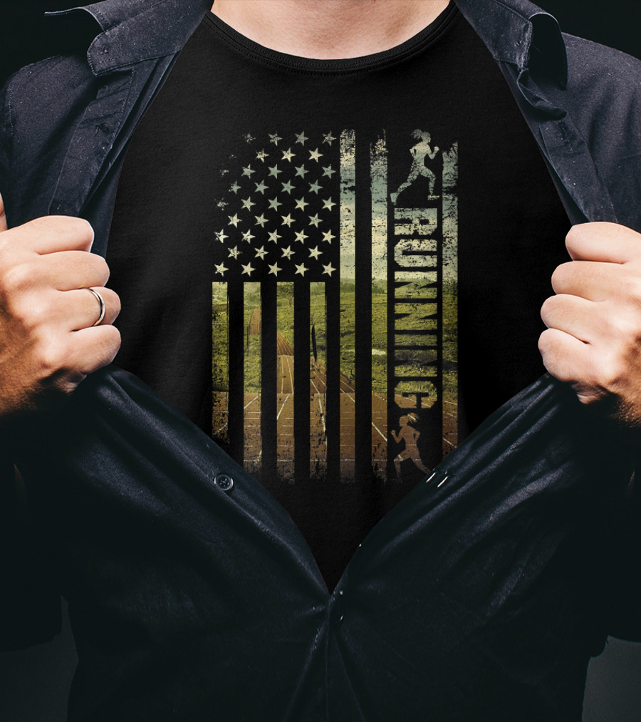 Running American Flag Patriotic Runner USA Track Stars T-Shirt