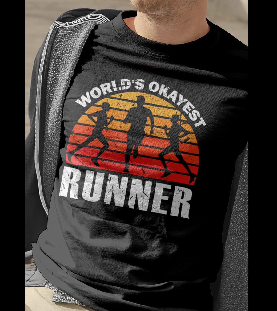 World's Okayest Runner Sunset Silhouette Sprinting Marathon T-Shirt