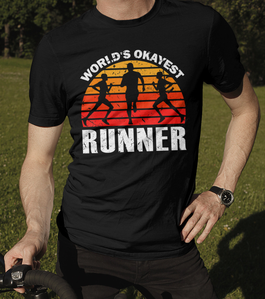 World's Okayest Runner Sunset Silhouette Sprinting Marathon T-Shirt