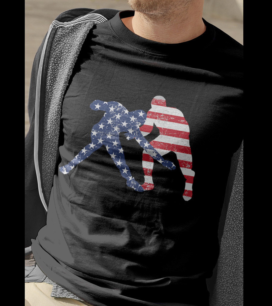 Wrestling Dual Silhouette With US Flag Stars And Stripes For Fourth Of July T-Shirt