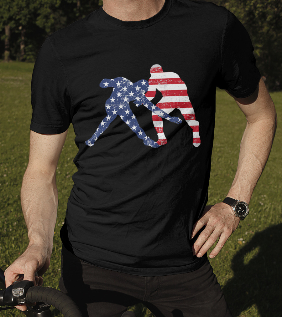 Wrestling Dual Silhouette With US Flag Stars And Stripes For Fourth Of July T-Shirt