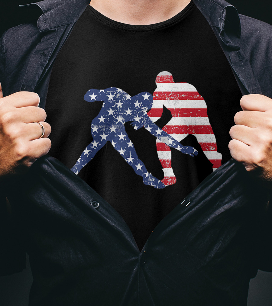Wrestling Dual Silhouette With US Flag Stars And Stripes For Fourth Of July T-Shirt