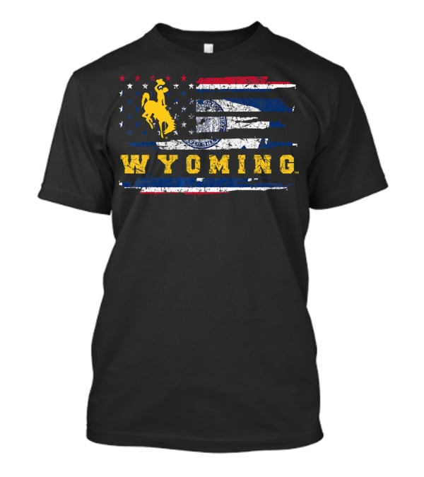 Wyoming Cowboy Riding Horse On American Flag T-Shirt