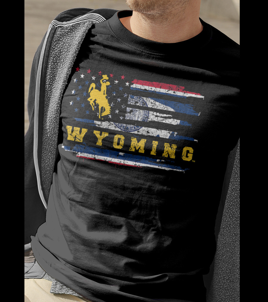 Wyoming Cowboy Riding Horse On American Flag T-Shirt