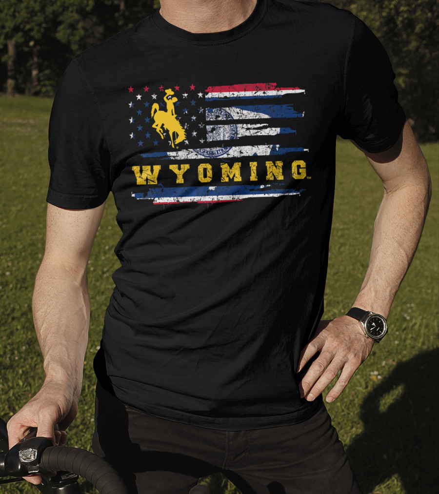 Wyoming Cowboy Riding Horse On American Flag T-Shirt