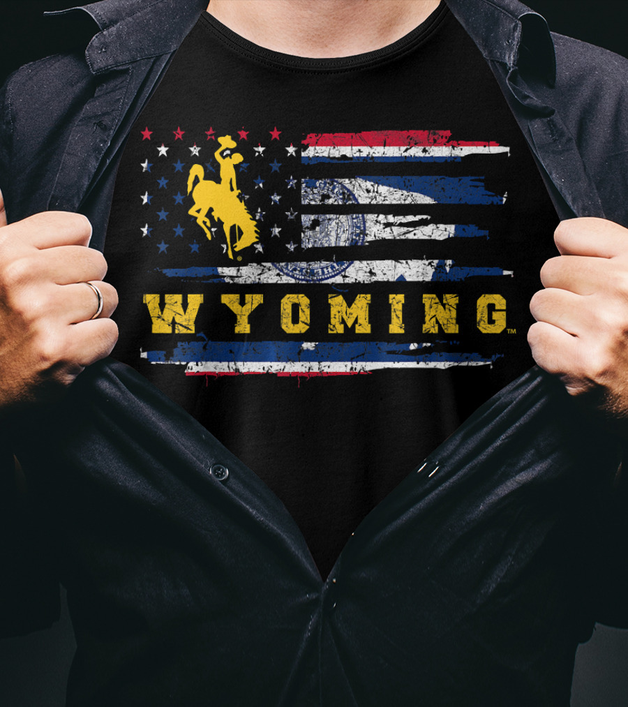 Wyoming Cowboy Riding Horse On American Flag T-Shirt