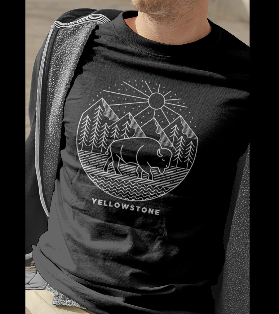 Yellowstone National Park Bison Mountains Forest Sun T-Shirt