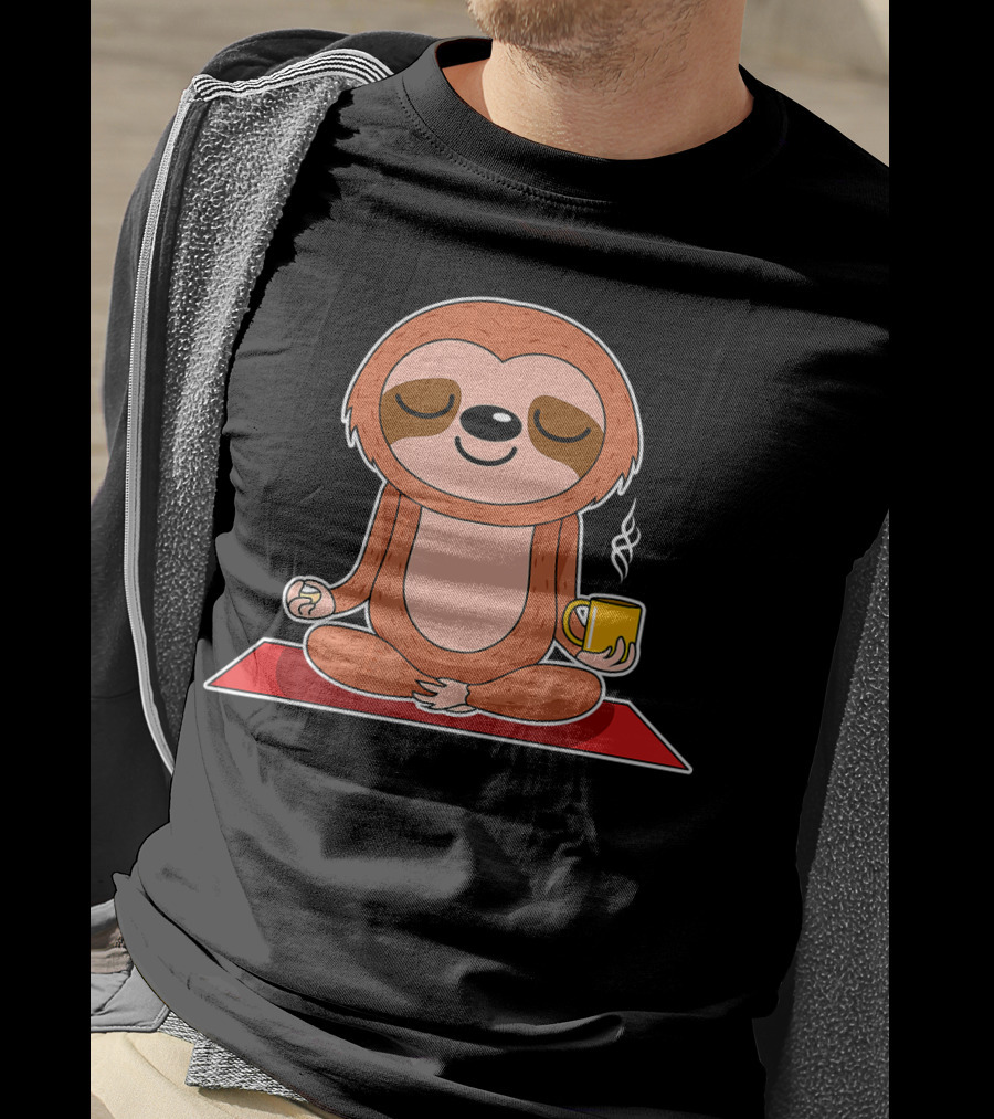 Yoga Sloth Funny Workout Fitness Casual Relaxing Meditation With Coffee T-Shirt