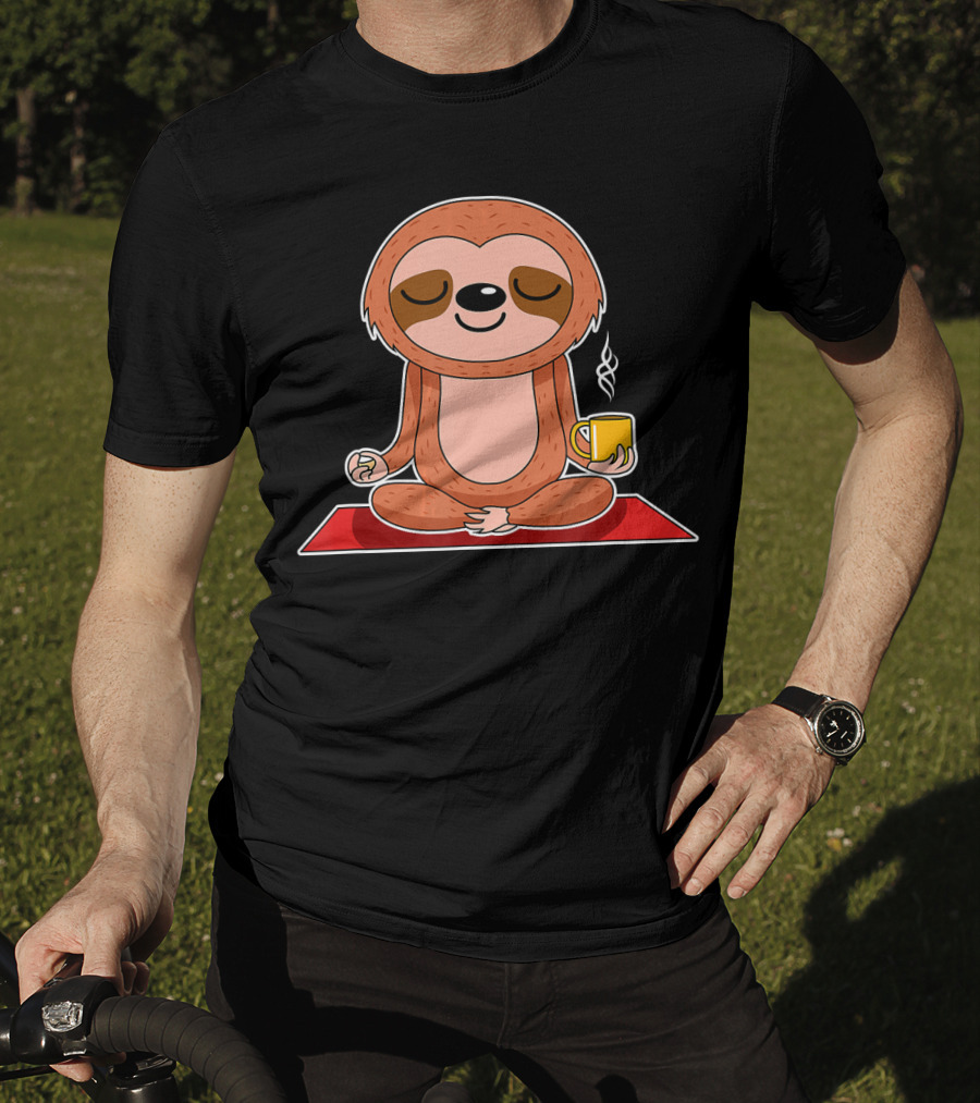 Yoga Sloth Funny Workout Fitness Casual Relaxing Meditation With Coffee T-Shirt