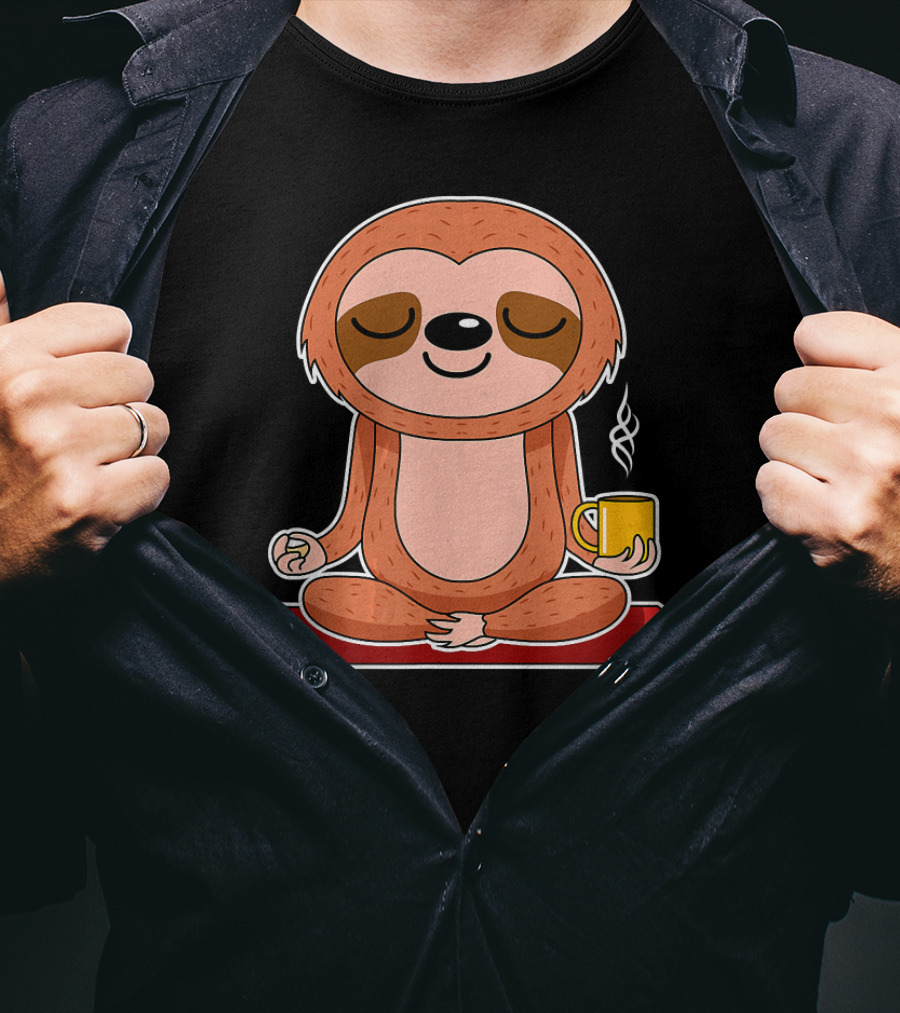 Yoga Sloth Funny Workout Fitness Casual Relaxing Meditation With Coffee T-Shirt