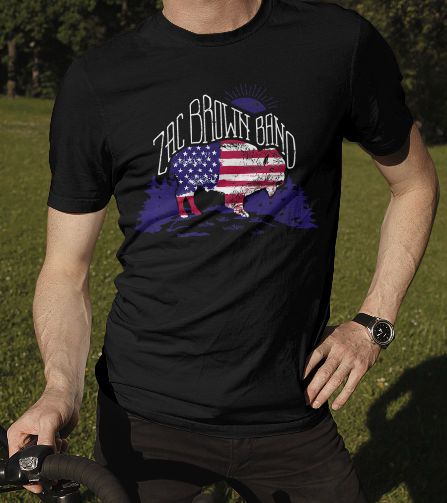 Zac Brown Band American Flag Buffalo With Night Sky And Forest T-Shirt