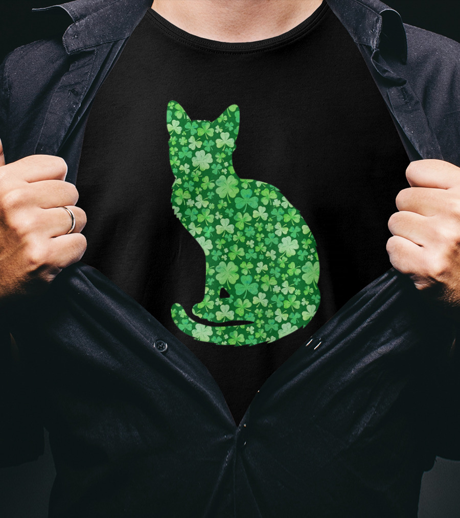 Shamrock Cat St Patrick's Day Irish Green Clover T-Shirt