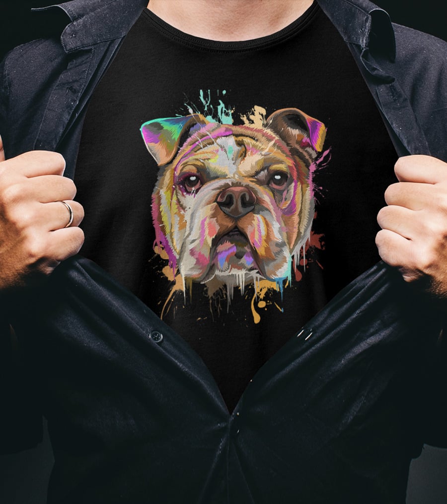 Splash Art Bulldog English Bulldo Dripping Colorful Paint T-Shirt