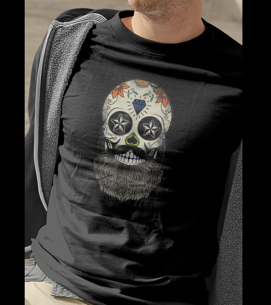 Sugar Skull Beard With Stars And Flowers T-Shirt