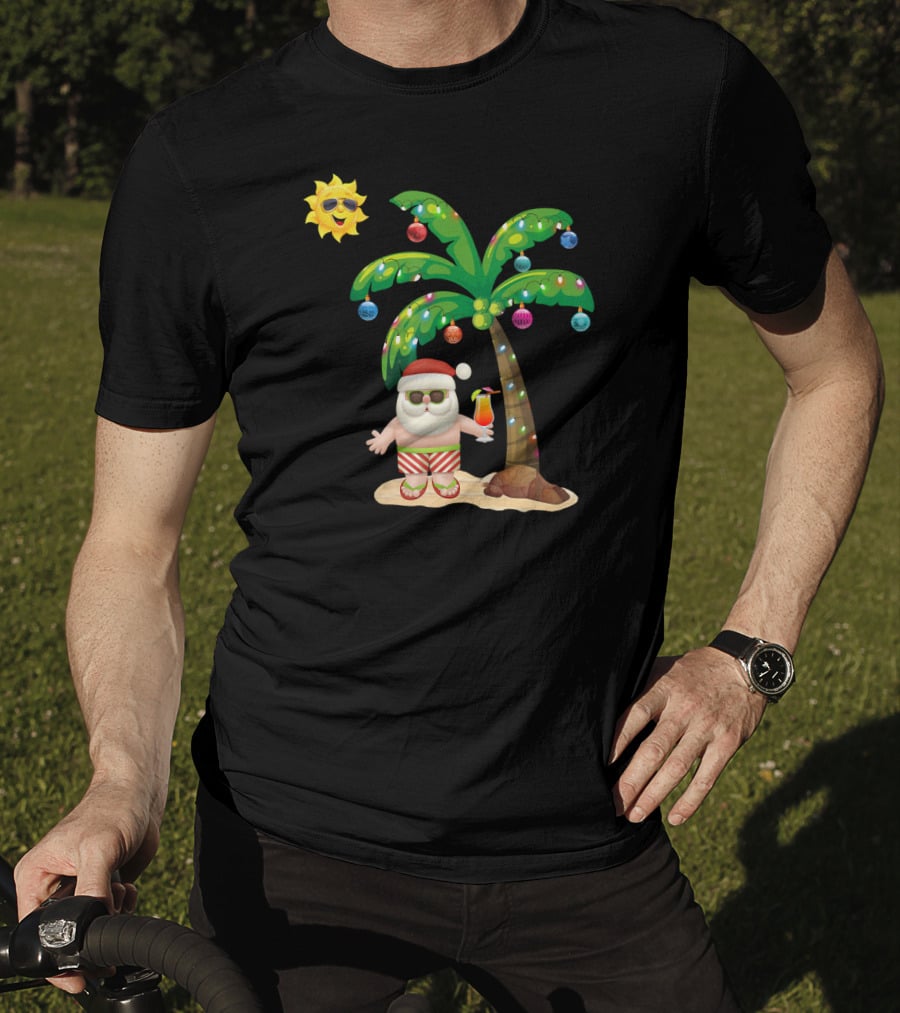 Summer Santa Claus Christmas Mele Tropical Palm Tree Festive Cocktail T-Shirt
