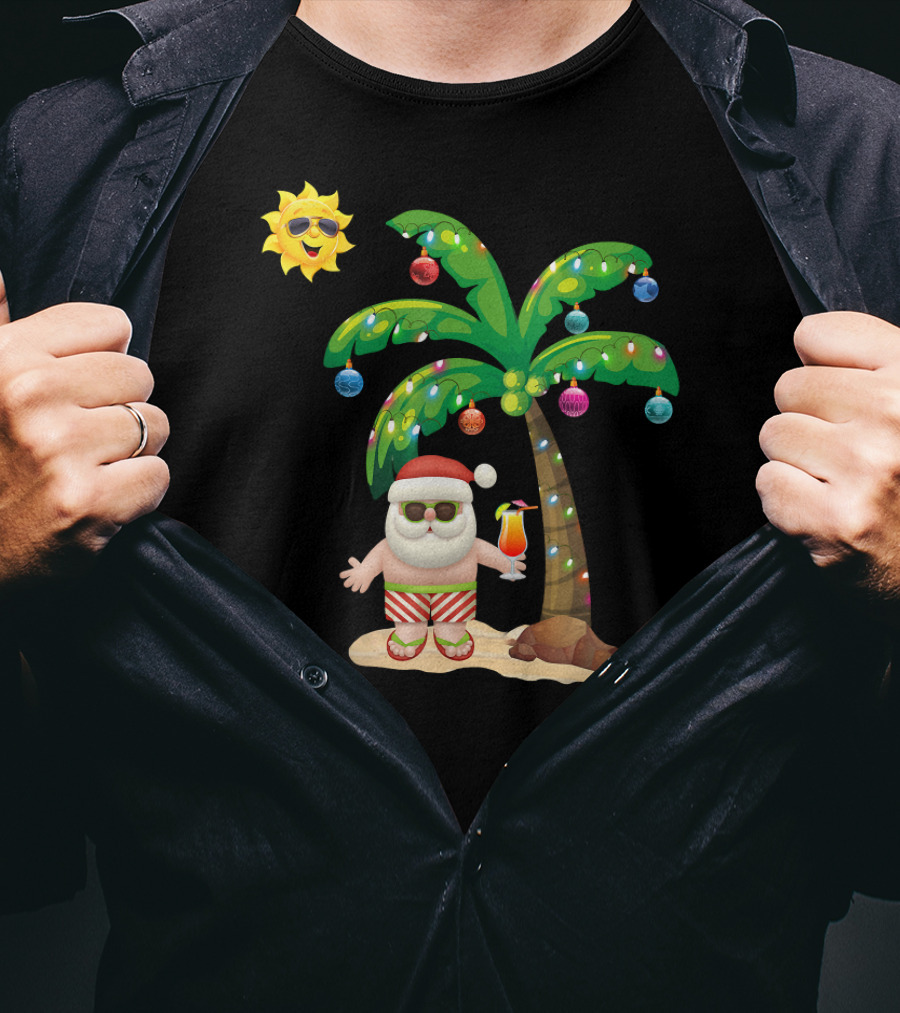 Summer Santa Claus Christmas Mele Tropical Palm Tree Festive Cocktail T-Shirt