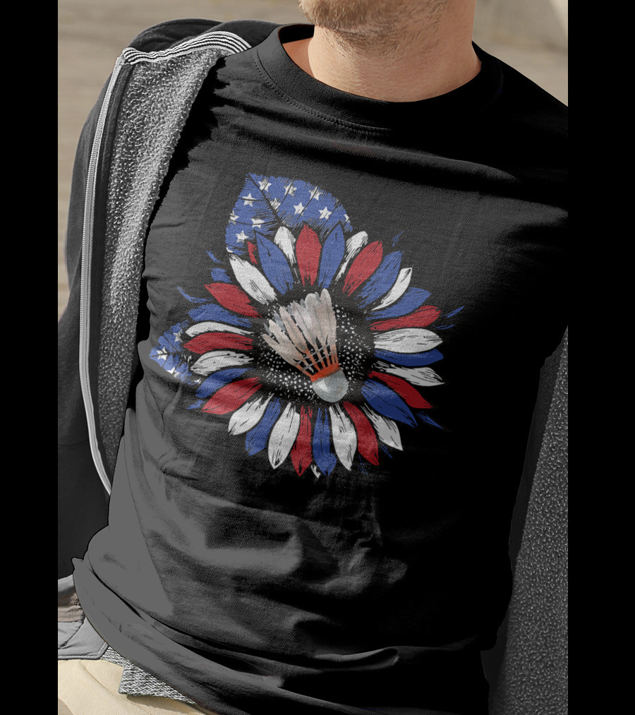 American Flag Sunflower With Badminton Birdie Center T-Shirt