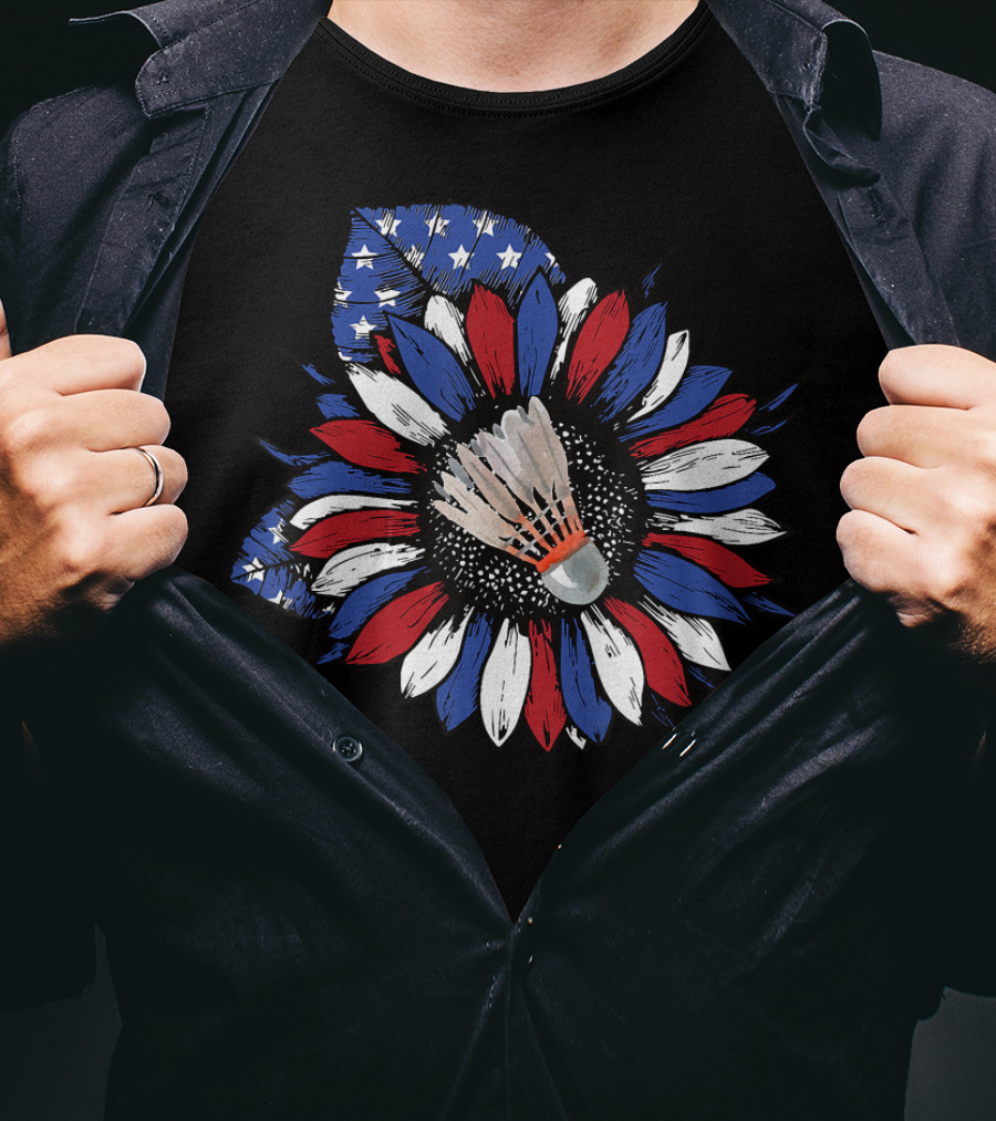 American Flag Sunflower With Badminton Birdie Center T-Shirt