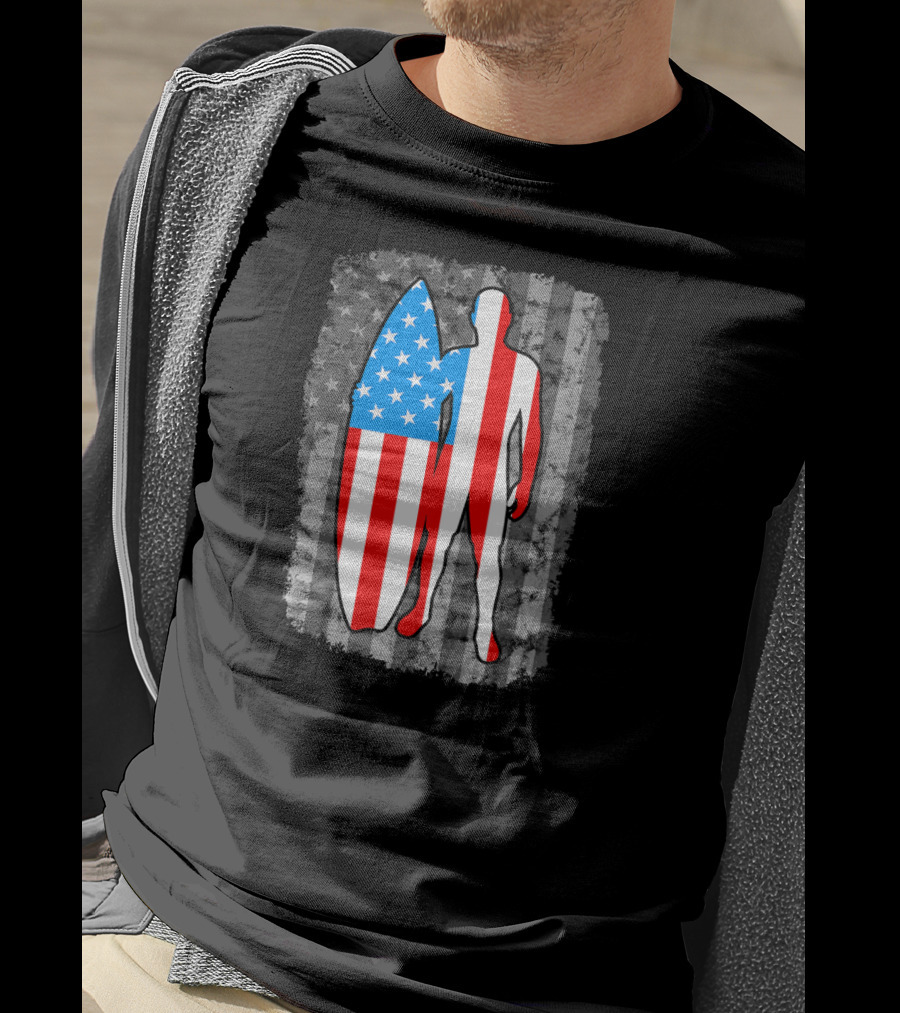 Vintage American Flag Surfing Silhouette United States T-Shirt