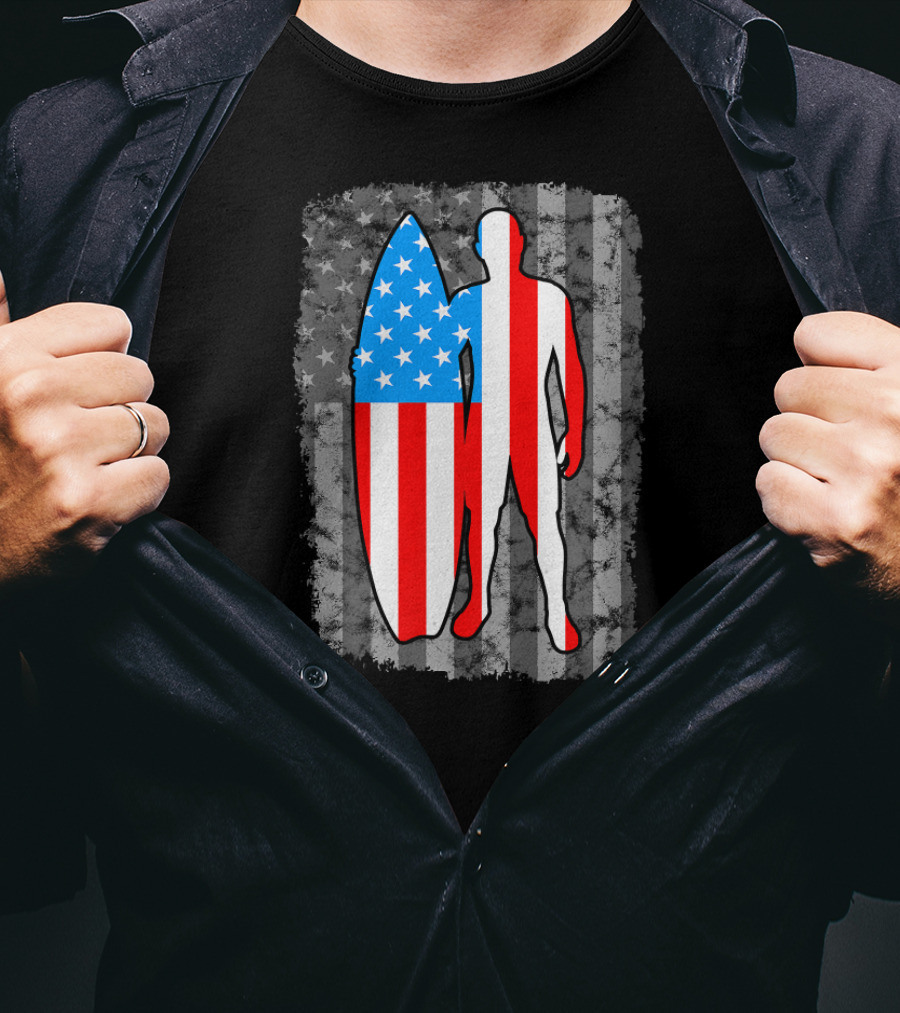 Vintage American Flag Surfing Silhouette United States T-Shirt
