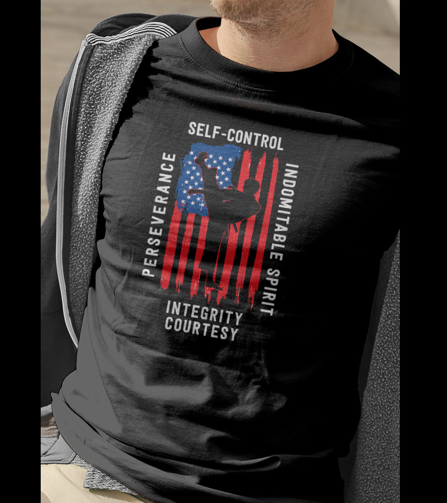 Taekwondo Five Tenets Perseverance Self-Control Indomitable Spirit Integrity Courtesy US Flag Martial Arts T-Shirt