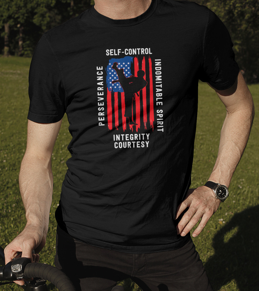 Taekwondo Five Tenets Perseverance Self-Control Indomitable Spirit Integrity Courtesy US Flag Martial Arts T-Shirt