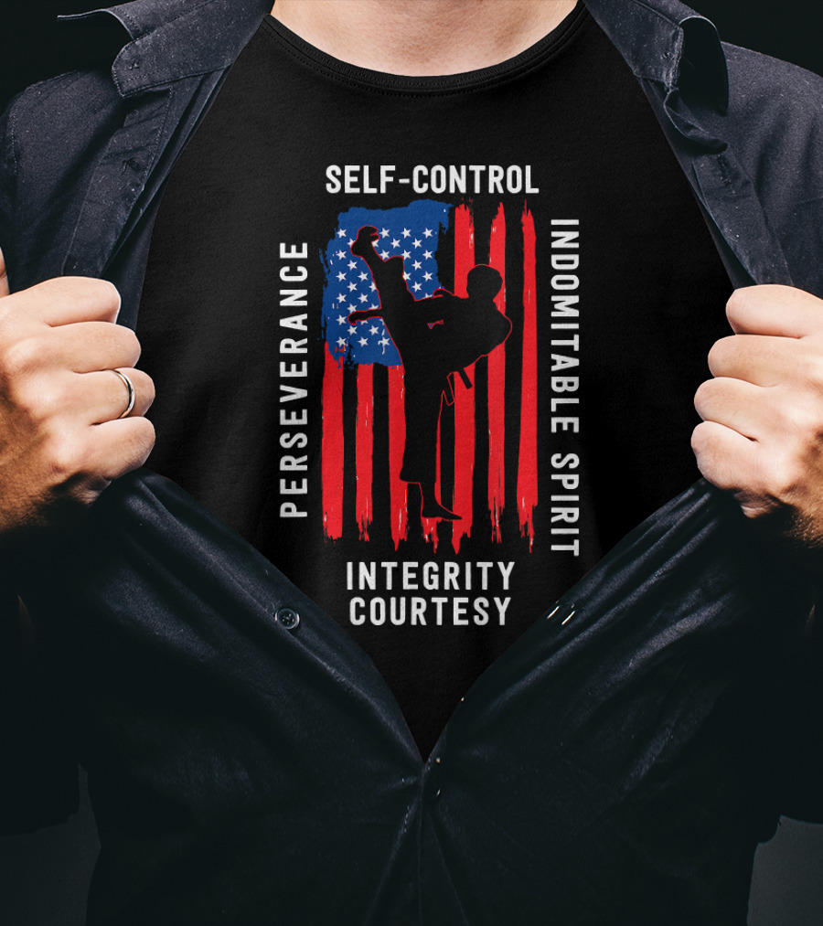 Taekwondo Five Tenets Perseverance Self-Control Indomitable Spirit Integrity Courtesy US Flag Martial Arts T-Shirt