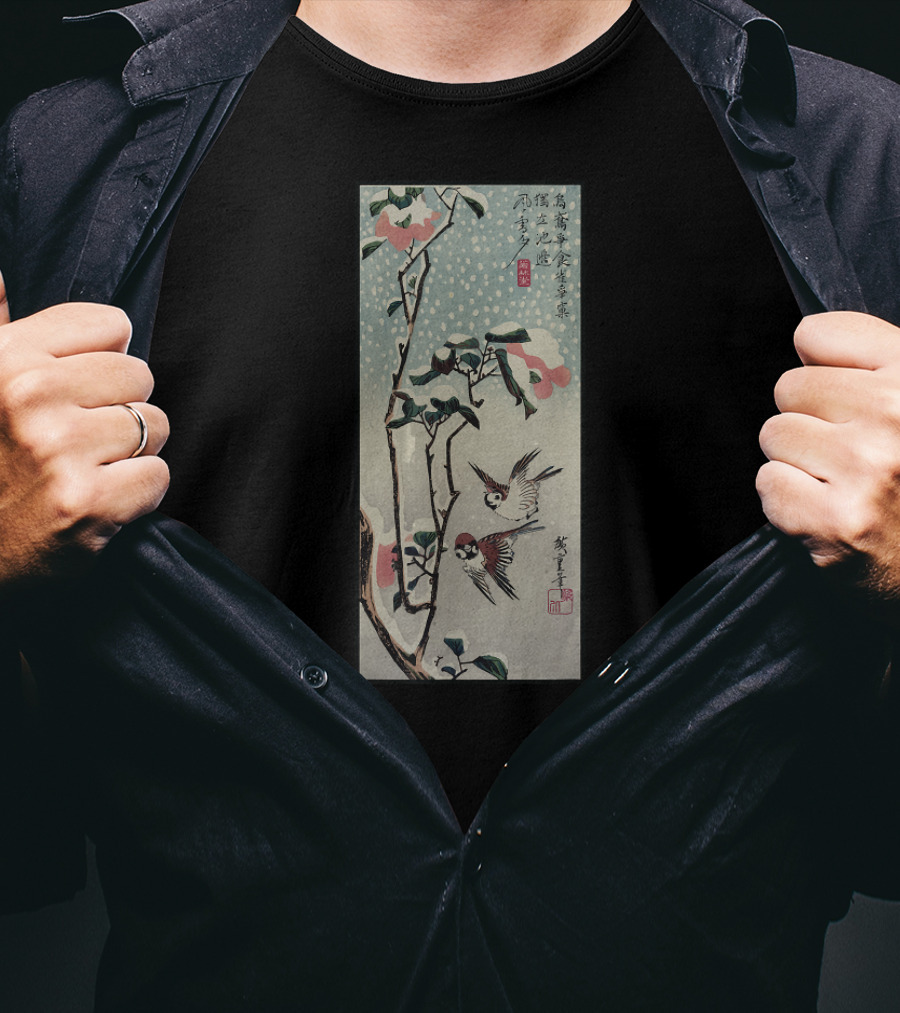 Japanese Woodblock Print Birds And Cherry Blossom Tree T-Shirt