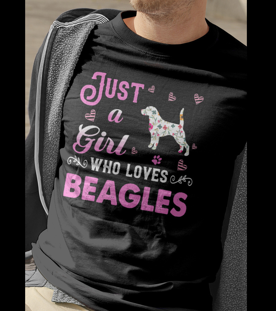 Just A Girl Who Loves Beagles With Floral Dog And Pink Hearts T-Shirt