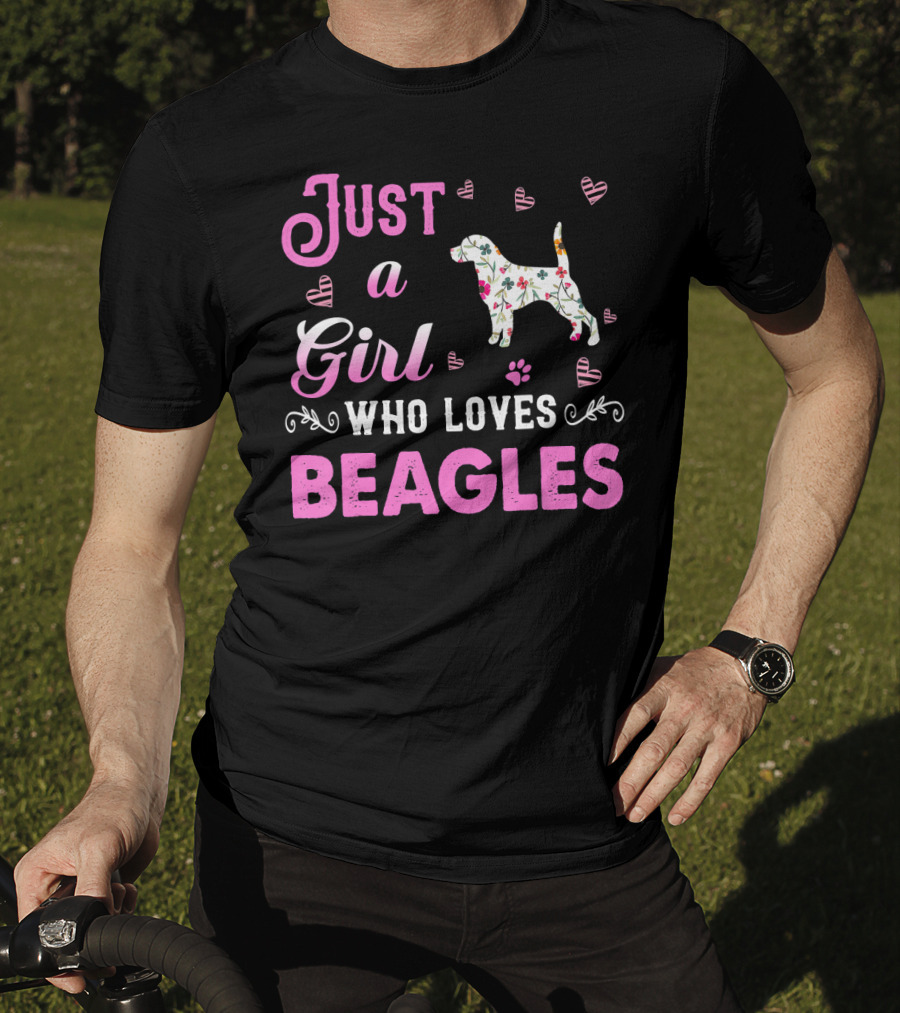 Just A Girl Who Loves Beagles With Floral Dog And Pink Hearts T-Shirt