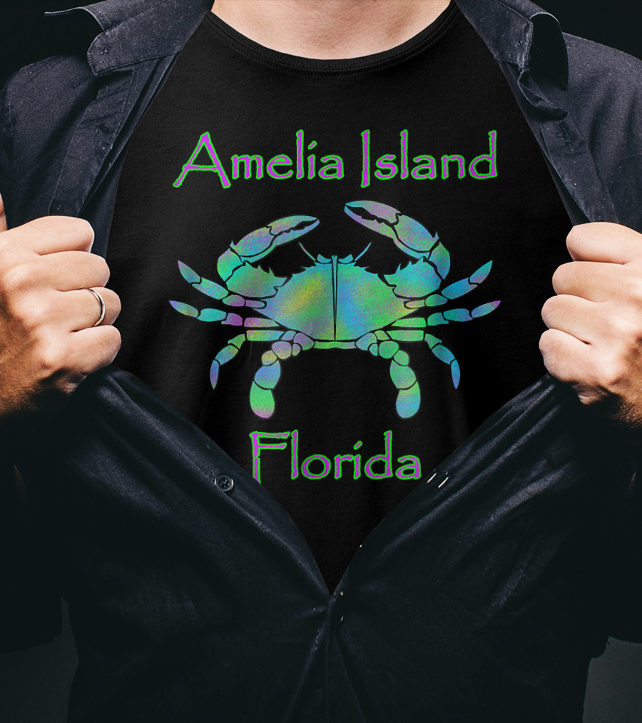 Amelia Island Florida Holographic Blue Crab T-Shirt