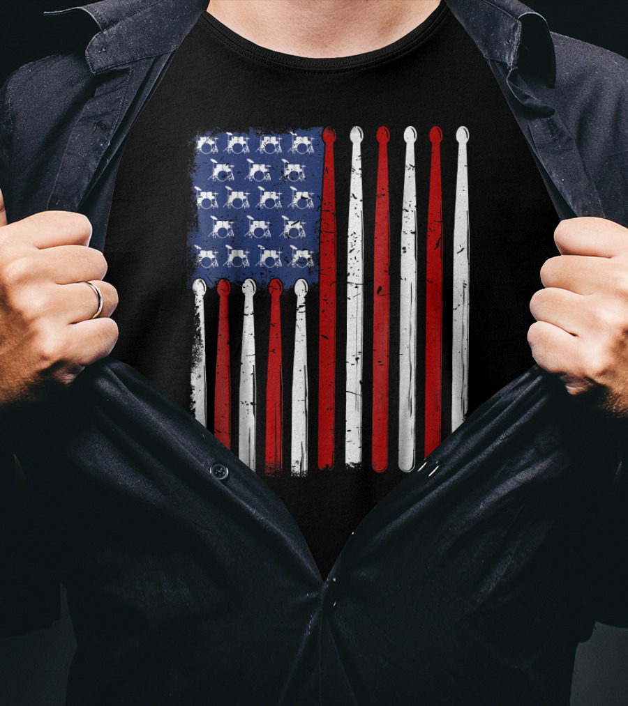 American Flag Made Of Drumsticks Vintage Drummer T-Shirt