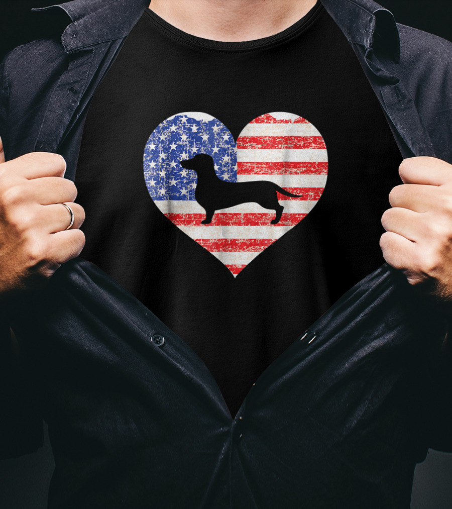 American Flag Heart With Dachshund Silhouette US Love T-Shirt