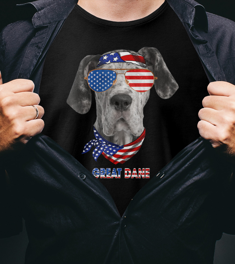 Great Dane Dog In American Flag Glasses And Bandana T-Shirt