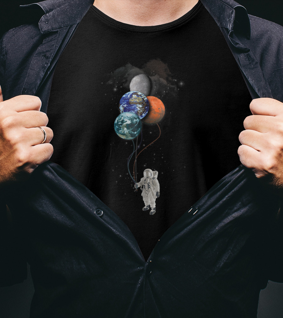 Astronaut Floating With Moon Earth And Mars Planet Balloons T-Shirt