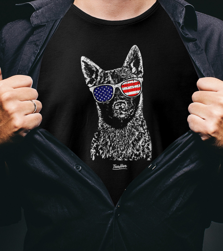 Australian Cattle Dog American Flag Sunglasses TeeHive T-Shirt